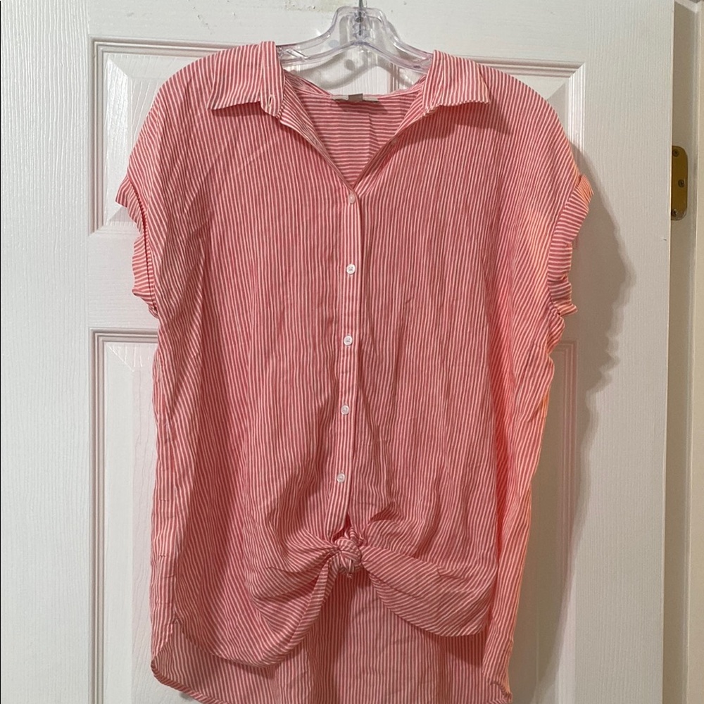 LOFT Pink Short Sleeve Button Down Shirt with Tie Front